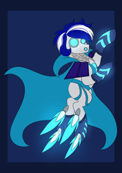 Size: 1446x2048 | Tagged: safe, artist:mikkybun, oc, oc only, oc:ivislor, oc:ivislor odzi, cyborg, cyborg pony, pony, blue hair, cape, clothes, commission, commissioner:iv's, fire, male, solo, superhero