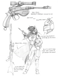 Size: 1000x1292 | Tagged: safe, artist:baron engel, octavia melody, earth pony, anthro, unguligrade anthro, g4, blaster, bounty hunter, breasts, busty octavia melody, female, gun, mandalorian, mare, monochrome, pencil drawing, star wars, traditional art, weapon