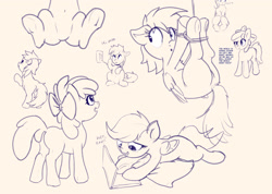 Size: 2428x1724 | Tagged: safe, artist:xbi, apple bloom, fluttershy, rainbow dash, scootaloo, earth pony, pegasus, pony, fanfic:bittersweet, rainbow dash presents, g4, bondage, butt, dialogue, female, filly, hogtied, lip bite, mare, monochrome, notebook, phone, plot, rope, simple background, sketch, sketch dump