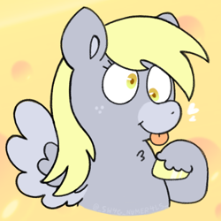 Size: 720x720 | Tagged: safe, artist:sw4g-numer4ls, derpy hooves, pegasus, pony, g4, bust, colored, flat colors, freckles, raised hoof, simple background, solo, spread wings, tongue out, wings, yellow background