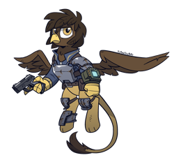 Size: 1600x1467 | Tagged: safe, artist:php104, oc, oc only, griffon, fallout equestria, armor, flying, gun, pipboy, pipbuck, simple background, solo, weapon