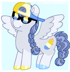 Size: 800x820 | Tagged: safe, artist:sw4g-numer4ls, pegasus, pony, backwards ballcap, baseball cap, battle for dream island, blue background, braid, cap, crossover, hat, nine, nine (battle for dream island), ponified, simple background, skateboard, solo, spread wings, sunglasses, wings