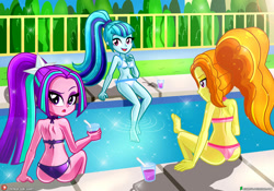 Size: 2000x1400 | Tagged: safe, artist:dieart77, adagio dazzle, aria blaze, sonata dusk, equestria girls, g4, adagio dat-azzle, arse-ia blaze, ass, bare shoulders, barefoot, belly button, bikini, butt, clothes, drinking straw, feet, female, glass, juice, open mouth, sleeveless, swimming pool, swimsuit, the dazzlings, trio