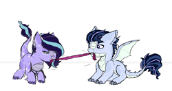 Size: 712x379 | Tagged: safe, artist:alawdulac, oc, oc:frost, oc:jade amethyst, dracony, hybrid, brother and sister, female, foal, interspecies offspring, male, offspring, parent:rarity, parent:spike, parents:sparity, siblings, simple background, tug of war, white background