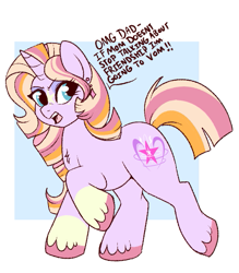 Size: 575x657 | Tagged: safe, artist:lulubell, oc, oc only, oc:supernova sparkle, pony, unicorn, dialogue, ear piercing, earring, female, jewelry, mare, offspring, parent:sunburst, parent:twilight sparkle, parents:twiburst, piercing