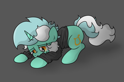 Size: 3438x2281 | Tagged: safe, artist:background basset, lyra heartstrings, pony, unicorn, g4, clothes, depressed, dig the swell hoodie, gray background, high res, hoodie, lying down, simple background, solo