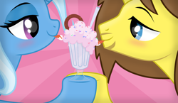 Size: 1920x1112 | Tagged: safe, artist:grapefruit-face, trixie, oc, oc:grapefruit face, pony, g4, base, canon x oc, date, duo, female, glass, grapexie, male, milkshake, pony base, sharing a drink, shipping, show accurate, stallion, straight