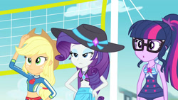 Size: 3410x1920 | Tagged: safe, screencap, applejack, rarity, sci-twi, twilight sparkle, equestria girls, equestria girls series, forgotten friendship, g4, :o, applejack's hat, belly button, clothes, cowboy hat, female, geode of shielding, geode of super strength, geode of telekinesis, glasses, hand on hip, hat, high res, jewelry, magical geodes, midriff, necklace, o, o mouth, one-piece swimsuit, open mouth, ponytail, sarong, sleeveless, swimsuit, trio, trio female, volleyball net
