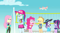 Size: 3410x1920 | Tagged: safe, screencap, applejack, fluttershy, pinkie pie, rainbow dash, rarity, sci-twi, twilight sparkle, equestria girls, equestria girls specials, g4, my little pony equestria girls: better together, my little pony equestria girls: forgotten friendship, applejack's hat, cap, clothes, cowboy hat, crossed arms, drone, female, fluttershy's wetsuit, geode of fauna, geode of shielding, geode of super speed, geode of super strength, geode of telekinesis, glasses, hairpin, hand on hip, hat, high res, humane five, humane six, jewelry, magical geodes, necklace, one-piece swimsuit, open mouth, pinkie pie swimsuit, ponytail, rarity's blue sarong, rarity's purple bikini, sarong, sleeveless, sun hat, swimsuit, volleyball net, wetsuit