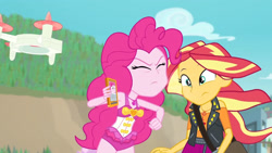 Size: 3410x1920 | Tagged: safe, screencap, pinkie pie, sunset shimmer, equestria girls, equestria girls specials, g4, my little pony equestria girls: better together, my little pony equestria girls: forgotten friendship, cellphone, clothes, cutie mark, cutie mark on clothes, drone, duo, duo female, eyes closed, female, geode of empathy, geode of sugar bombs, high res, jacket, jewelry, leather, leather jacket, magical geodes, necklace, one-piece swimsuit, phone, pinkie pie swimsuit, purse, sleeveless, smartphone, swimsuit, yelling