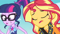 Size: 3410x1920 | Tagged: safe, screencap, sci-twi, sunset shimmer, twilight sparkle, equestria girls, equestria girls specials, g4, my little pony equestria girls: better together, my little pony equestria girls: forgotten friendship, clothes, duo, duo female, eyes closed, female, geode of empathy, geode of telekinesis, glasses, high res, jacket, jewelry, leather, leather jacket, magical geodes, necklace, one-piece swimsuit, open mouth, ponytail, sleeveless, swimsuit, teeth