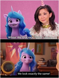Size: 1500x1999 | Tagged: safe, edit, edited screencap, screencap, izzy moonbow, human, g5, my little pony: a new generation, spoiler:my little pony: a new generation, 3d, irl, irl human, kimiko glenn, photo, subtitles, voice actor, we look exactly the same