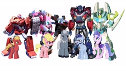 Size: 1920x1080 | Tagged: safe, artist:robertsonskywa1, alphabittle blossomforth, argyle starshine, phyllis cloverleaf, queen haven, sprout cloverleaf, pony, g4, g5, arcee, clash of hasbro's titans, comparison, female, g5 to g4, jazz, male, mare, orion pax, senator shockwave, shockwave, simple background, stallion, transformers, warpath, white background