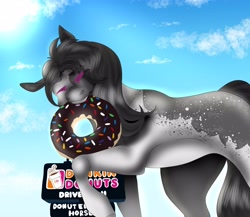 Size: 4096x3559 | Tagged: safe, artist:inisealga, oc, oc only, oc:oretha, earth pony, pony, cloud, coat markings, commission, donut, dunkin donuts, earth pony oc, facial markings, female, food, giant pony, macro, mare, markings, sign, sky, solo, sun