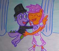 Size: 1280x1100 | Tagged: safe, artist:dex stewart, scootaloo, spike, anthro, g4, clothes, dancing, female, flower filly, flower girl, flower girl dress, hat, male, request, ship:scootaspike, shipping, straight, suit, top hat, traditional art, tuxedo