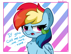 Size: 5440x4178 | Tagged: safe, artist:kittyrosie, rainbow dash, pegasus, pony, g4, abstract background, absurd resolution, angry, blushing, chest fluff, cute, dashabetes, denial's not just a river in egypt, female, i'm not cute, madorable, mare, solo, text, tsunderainbow, tsundere