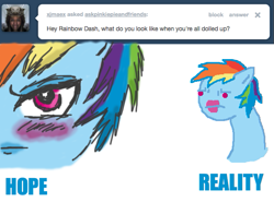 Size: 639x500 | Tagged: safe, artist:askpinkiepieandfriends, rainbow dash, pegasus, pony, g4, ask, blushing, close-up, expectation vs reality, extreme close-up, female, lipstick, mare, rainbow dash is not amused, simple background, solo, tumblr, unamused, white background