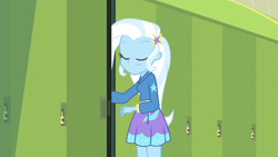 Size: 3410x1920 | Tagged: safe, screencap, trixie, equestria girls, equestria girls specials, g4, my little pony equestria girls: better together, my little pony equestria girls: forgotten friendship, clothes, cutie mark, cutie mark on clothes, eyes closed, female, hairpin, high res, hoodie, lockers, solo