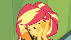 Size: 3410x1920 | Tagged: safe, screencap, sunset shimmer, equestria girls, equestria girls specials, g4, my little pony equestria girls: better together, my little pony equestria girls: forgotten friendship, clothes, eyes closed, female, geode of empathy, high res, jacket, jewelry, leather, leather jacket, lockers, magical geodes, necklace, solo