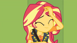 Size: 3410x1920 | Tagged: safe, screencap, sunset shimmer, equestria girls, equestria girls specials, g4, my little pony equestria girls: better together, my little pony equestria girls: forgotten friendship, clothes, cutie mark, cutie mark on clothes, eyes closed, female, geode of empathy, high res, jacket, jewelry, leather, leather jacket, lockers, magical geodes, necklace, smiling, solo