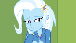 Size: 3410x1920 | Tagged: safe, screencap, trixie, equestria girls, equestria girls series, forgotten friendship, g4, clothes, female, hairpin, high res, hoodie, lockers, solo