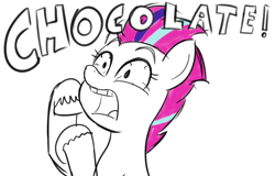 Size: 737x473 | Tagged: safe, artist:eagc7, zipp storm, pegasus, pony, g5, my little pony: a new generation, bloodshot eyes, chocolate, chocolate with nuts, female, food, open mouth, parody, simple background, sketch, solo, spongebob squarepants, that pony sure does love chocolate, white background