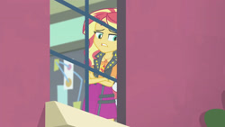 Size: 3410x1920 | Tagged: safe, screencap, sunset shimmer, equestria girls, equestria girls specials, g4, my little pony equestria girls: better together, my little pony equestria girls: forgotten friendship, clothes, crossed arms, female, geode of empathy, high res, jacket, jewelry, leather, leather jacket, magical geodes, necklace, solo, window