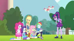 Size: 3410x1920 | Tagged: safe, screencap, applejack, fluttershy, pinkie pie, rainbow dash, rarity, sci-twi, spike, spike the regular dog, twilight sparkle, dog, equestria girls, equestria girls specials, g4, my little pony equestria girls: better together, my little pony equestria girls: forgotten friendship, applejack's hat, belt, boots, bowtie, clothes, cowboy boots, cowboy hat, cutie mark, cutie mark on clothes, denim skirt, eyes closed, female, geode of shielding, geode of sugar bombs, geode of super speed, geode of super strength, geode of telekinesis, glasses, grin, hat, high res, humane five, humane six, magical geodes, male, one eye closed, open mouth, ponytail, rarity peplum dress, sandals, shoes, skirt, smiling, sneakers, tank top, wink