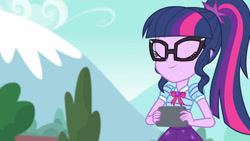 Size: 3410x1920 | Tagged: safe, screencap, sci-twi, twilight sparkle, equestria girls, equestria girls series, forgotten friendship, g4, bowtie, clothes, cutie mark, cutie mark on clothes, eyes closed, female, geode of telekinesis, high res, jewelry, magical geodes, necklace, ponytail, smiling, solo