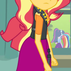Size: 1939x1920 | Tagged: safe, screencap, rainbow dash, sci-twi, sunset shimmer, twilight sparkle, equestria girls, equestria girls series, forgotten friendship, g4, clothes, cropped, cutie mark, cutie mark on clothes, faceless female, female, jacket, leather, leather jacket, offscreen character, ponytail