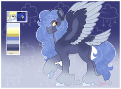 Size: 1920x1408 | Tagged: safe, artist:pinkcattle, derpy hooves, princess luna, oc, oc only, pegasus, pony, color palette, ethereal mane, female, lesbian, long feather, magical lesbian spawn, offspring, parent:derpy hooves, parent:princess luna, parents:lunaderp, pegasus oc, ship:lunaderp, shipping, solo, spread wings, starry mane, tail, tail feathers, unshorn fetlocks, wings