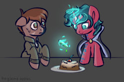 Size: 3000x2000 | Tagged: safe, artist:buy_some_apples, oc, oc only, earth pony, pony, unicorn, cake, duo, duo male, food, high res, magic, male, sketch