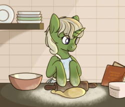 Size: 2800x2400 | Tagged: safe, artist:buy_some_apples, oc, oc only, pony, unicorn, anime style, book, bowl, cooking, dough, high res, horn, rolling pin, unicorn oc