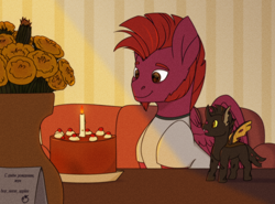 Size: 2700x2000 | Tagged: safe, artist:buy_some_apples, oc, oc only, changeling, pegasus, pony, cake, changeling oc, dandelion, food, happy, happy birthday, high res, micro, portal (valve), surprised, the cake is a lie, vase, yellow changeling