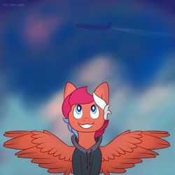 Size: 3000x3000 | Tagged: safe, artist:buy_some_apples, oc, oc only, pegasus, pony, blue eyes, clothes, happy, high res, hoodie, pegasus oc, plane, smiling, spread wings, wings