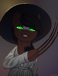 Size: 2300x3000 | Tagged: safe, artist:buy_some_apples, oc, oc only, earth pony, semi-anthro, arm hooves, clothes, dress, glowing, glowing eyes, grin, hat, high res, lady dimitrescu, resident evil, resident evil village, smiling, solo
