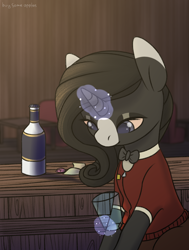 Size: 2270x3000 | Tagged: safe, artist:buy_some_apples, oc, oc only, pony, unicorn, fallout equestria, barpony, bartender, bottle, glass, high res, magic, saloon, solo, telekinesis