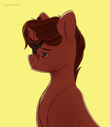 Size: 2595x3000 | Tagged: safe, artist:buy_some_apples, oc, oc only, pony, unicorn, blindfold, broken horn, bust, chest fluff, high res, horn, scar, simple background, sketch, solo, unicorn oc, yellow background