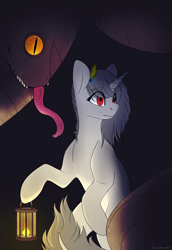 Size: 3100x4500 | Tagged: safe, artist:buy_some_apples, oc, oc only, pony, snake, unicorn, lamp, lantern, monster, scared, solo, tongue out