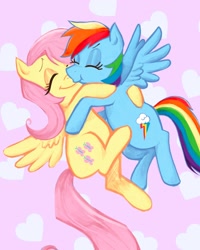 Size: 1638x2048 | Tagged: safe, artist:gamshrew, fluttershy, rainbow dash, pegasus, pony, g4, :t, abstract background, duo, eyes closed, female, heart, heart background, hug, kiss on the lips, kissing, lesbian, mare, ship:flutterdash, shipping, smiling, spread wings, wings