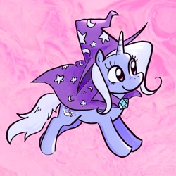 Size: 1137x1137 | Tagged: safe, artist:gamshrew, trixie, pony, unicorn, g4, abstract background, cape, clothes, cute, diatrixes, female, hat, horn, mare, smiling, solo, trixie's cape, trixie's hat