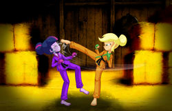 Size: 5433x3488 | Tagged: safe, artist:ponymaan, applejack, twilight sparkle, equestria girls, g4, absurd resolution, barefoot, black belt, clothes, duo, duo female, eyes closed, feet, female, fight, fingerless gloves, freckles, gloves, gritted teeth, hay bale, karate, karate gi, kick, martial arts, pants, robe
