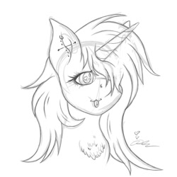 Size: 2000x2000 | Tagged: safe, artist:diamond06mlp, oc, oc only, pony, unicorn, :3, :p, bust, chest fluff, ear piercing, heart eyes, high res, horn, monochrome, piercing, signature, simple background, sketch, solo, tongue out, unicorn oc, white background, wingding eyes