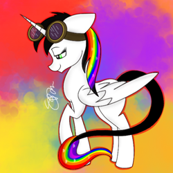 Size: 700x700 | Tagged: safe, artist:skypaw122, oc, oc only, oc:lightning bliss, alicorn, pony, abstract background, female, goggles, mare, raised hoof, signature, solo