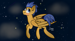 Size: 1440x801 | Tagged: safe, artist:skypaw122, flash sentry, pegasus, pony, g4, flying, male, signature, smiling, solo, stallion, wings