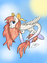Size: 1224x1632 | Tagged: safe, artist:skypaw122, oc, oc only, pegasus, pony, bow, braid, female, hair bow, leonine tail, mare, pegasus oc, signature, solo, tail, wings