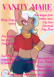 Size: 3000x4300 | Tagged: safe, artist:buy_some_apples, valley glamour, oc, oc only, pegasus, semi-anthro, g4, arm hooves, bracelet, clothes, fashion, jewelry, magazine, text, vanity mare