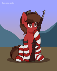 Size: 2000x2500 | Tagged: safe, artist:buy_some_apples, oc, oc only, earth pony, pony, :t, brown eyes, brown mane, clothes, cowboy hat, eye clipping through hair, gun, hat, high res, m1 garand, rifle, shadow, sitting, socks, solo