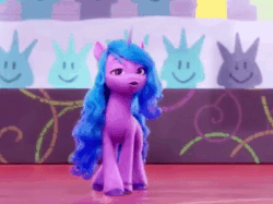 Size: 478x358 | Tagged: safe, screencap, izzy moonbow, pony, unicorn, g5, my little pony: a new generation, spoiler:my little pony: a new generation, 3d, animated, athletic, basketball, cute, dodge, fit right in (g5), gif, horn, lidded eyes, looking at you, sports, unshorn fetlocks