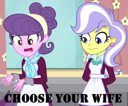 Size: 663x549 | Tagged: safe, suri polomare, upper crust, human, equestria girls, g4, my little pony equestria girls: friendship games, caption, choose your wife, clothes, crystal prep academy uniform, image macro, school uniform, teenager, text